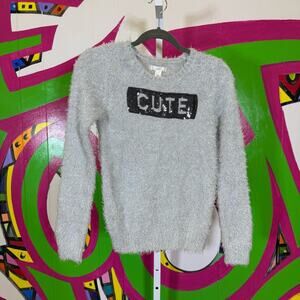 Piper, Gray Fuzzy Sweater with 'Cute' Sequin Design. Size XL (14-16) Girls.